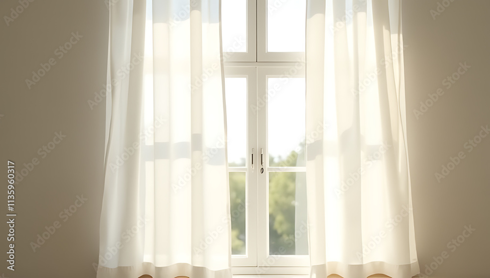 Poster a white curtain is set in a sunny window allowing natural light to filter into the room softly._0000