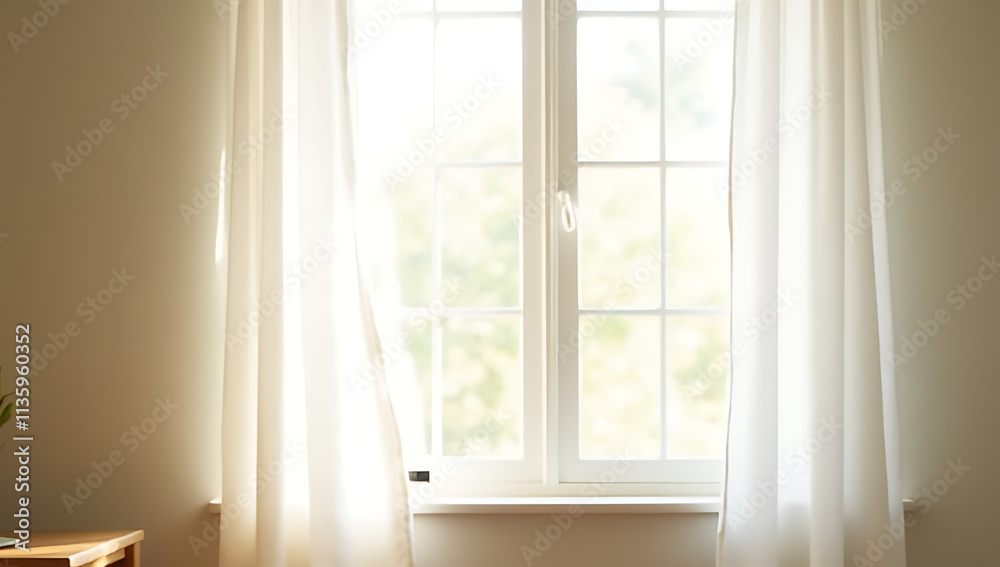 Poster a white curtain is set in a sunny window allowing natural light to filter into the room softly._0000