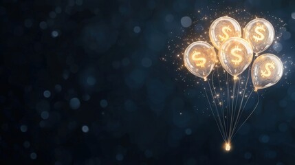 A cluster of glowing balloons with dollar signs floats against a dark background, symbolizing wealth, prosperity, and financial aspirations.