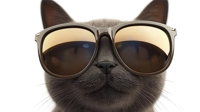 Cool Cat in Shades: A grey cat with a cool attitude, sporting oversized sunglasses, stares directly at the camera. The cat's expression is both confident and playful.