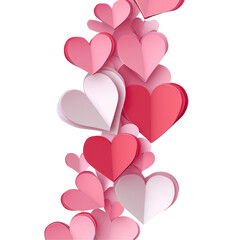 Valentine's Day background with paper hearts and confetti on transparent background, 3D illustration with copy space for text
