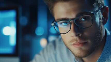 Young Businessman in Glasses Focusing on Work at Modern Desk