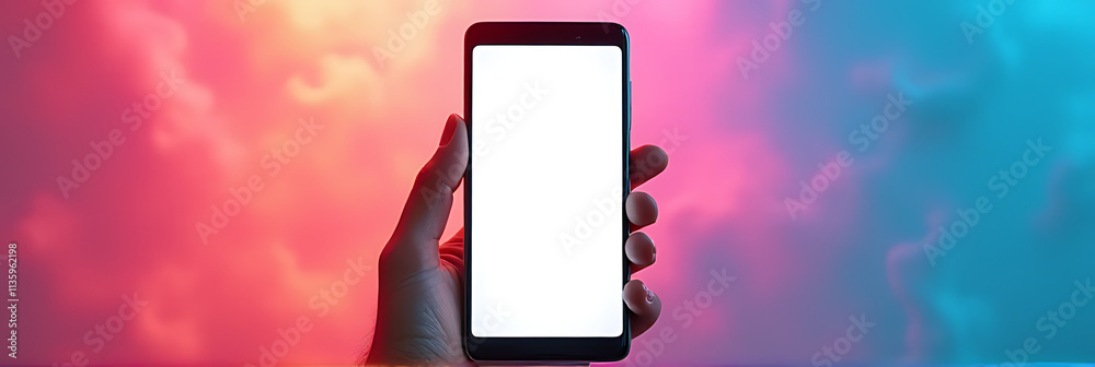 Poster a smartphone with a white screen is displayed prominently against a bright and colorful background f
