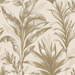 Seamless pattern. Golden palm and tropical leaves on a beige background. 