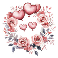 Valentine's Day Wreath with Heart Balloons and Rose Flowers Watercolor clipart on transparent background