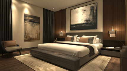 Luxurious hotel room with modern art and elegant decor, creating serene atmosphere