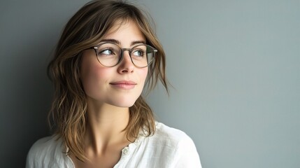 Fototapeta premium Dreamy Young Woman with Cheerful Expression and Glasses