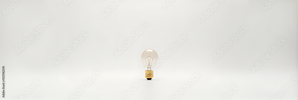 Poster a single small gold light bulb sits isolated on a plain white surface surrounded by empty space._000