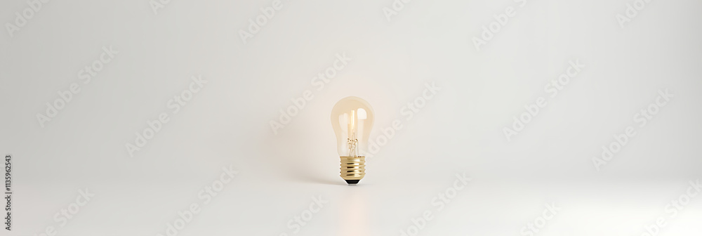 Poster a single small gold light bulb sits isolated on a plain white surface surrounded by empty space._000