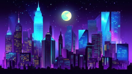 Fototapeta premium A dark city skyline with tall buildings neon light