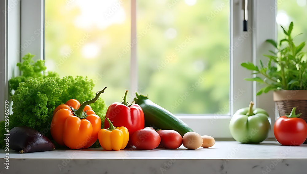 Poster A set of various vegetables occupies a portion of a kitchen counter near a window with plenty of copy space._00002_