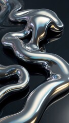 Shiny metallic fluid flowing over a black surface, reflecting light and creating smooth curves for abstract design concepts.
