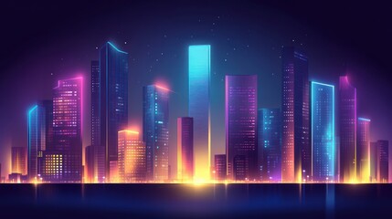 A dark city skyline with tall buildings neon light