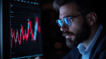 A focused individual analyzing financial data on a screen, surrounded by dark lighting, showcasing vibrant graph trends and insights.