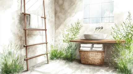 serene bathroom with natural decor and soft lighting
