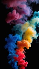 Fototapeta premium Vibrant smoke swirling in colorful shades of blue, pink, yellow, and red against a black background, creating dynamic visual interest.