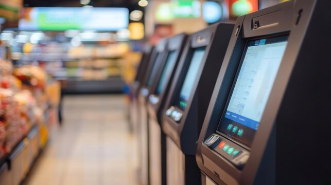 Modern Automated Teller Machines (ATMs) in a Busy Grocery Store.  A glimpse into the future of financial services and retail convenience. - Powered by Adobe