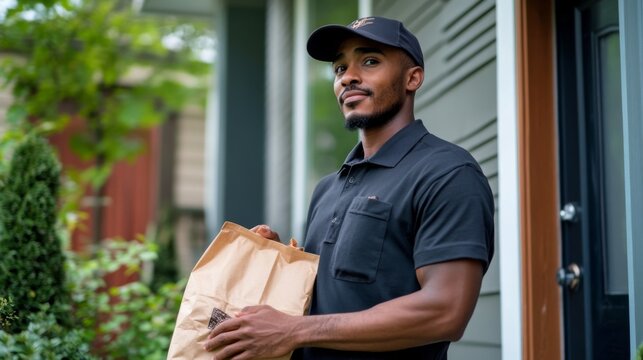 Friendly Delivery Person Holding a Brown Paper Bag at the Front Door - Reliable and Efficient Service