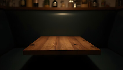 A plain wooden table sits alone in a dimly lit café, its emptiness accentuated by the surrounding darkness and shadows._00030_