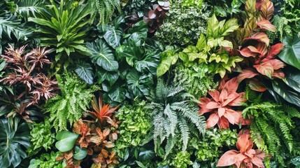Fototapeta premium A Vibrant Wall of Lush Tropical Plants, A Stunning Display of Nature's Beauty