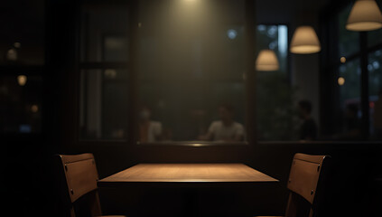 A plain wooden table sits alone in a dimly lit café, its emptiness accentuated by the surrounding darkness and shadows._00029_