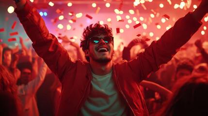 A joyful young man celebrates at vibrant party, surrounded by colorful lights and confetti, embodying spirit of fun and excitement
