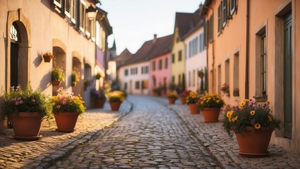 Fototapeta premium Charming cobblestone street in quaint village, lined with colorful houses and vibrant flower pots, creating a picturesque and inviting atmosphere.