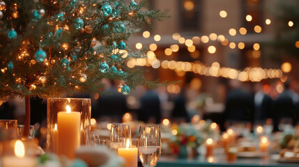 Obraz premium A beautifully decorated outdoor event featuring festive tree adorned with blue ornaments, glowing candles, and sparkling lights creating warm, inviting atmosphere