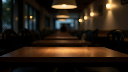 A plain wooden table sits alone in a dimly lit café, its emptiness accentuated by the surrounding darkness and shadows._00017_