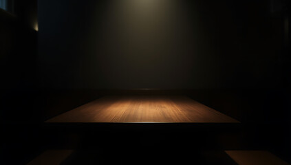 A plain wooden table sits alone in a dimly lit café, its emptiness accentuated by the surrounding darkness and shadows._00018_