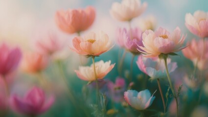 Soft focus on blooming flowers in pastel shades of pink, peach, and white, creating a serene and calming garden atmosphere.