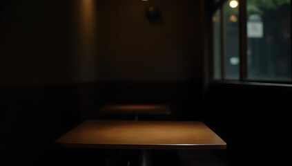A plain wooden table sits alone in a dimly lit café, its emptiness accentuated by the surrounding darkness and shadows._00010_