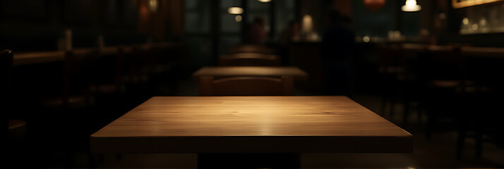 A plain wooden table sits alone in a dimly lit café, its emptiness accentuated by the surrounding darkness and shadows._00007_