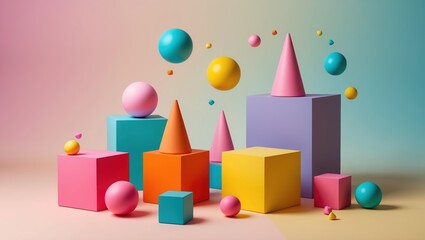 Colorful geometric shapes including cubes, spheres, and cones arranged playfully in pastel tones against a soft gradient background.