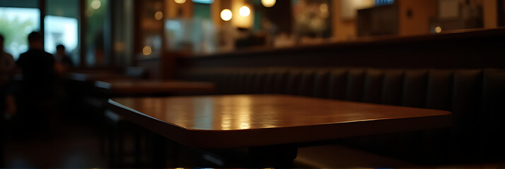A plain wooden table sits alone in a dimly lit café, its emptiness accentuated by the surrounding darkness and shadows._00005_