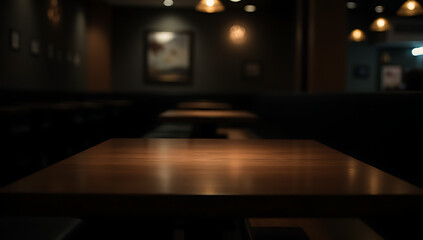 A plain wooden table sits alone in a dimly lit café, its emptiness accentuated by the surrounding darkness and shadows._00001_