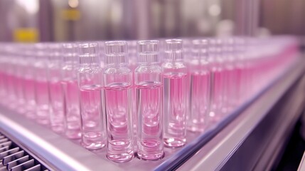 Precision Liquid Samples in a Modern Laboratory Setting.  Automated Scientific Process for Quality Control in Pharmaceutical Manufacturing.  Detailed View of Transparent Containers with Pink Liquid.