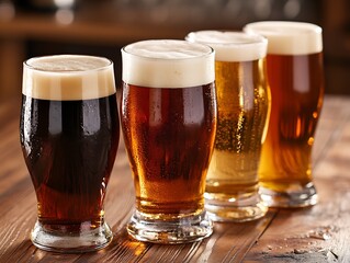 Craft Beer Selection with Frothy Heads in Diverse Glassware on Wooden Table : Generative AI