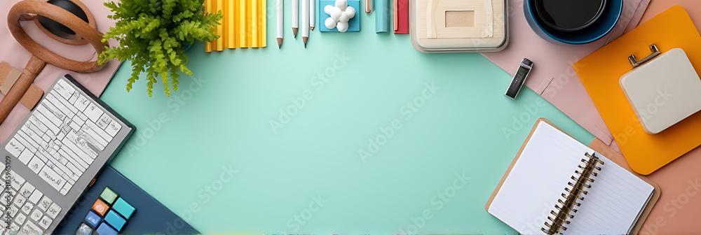 Aufkleber A modern office desk setting with various supplies and decorative accessories arranged neatly on a colorful flat lay surface._00002_