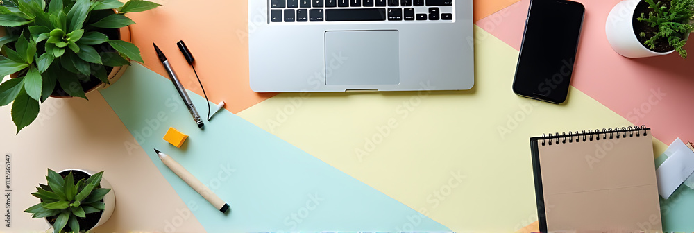 Poster A modern office desk setting with various supplies and decorative accessories arranged neatly on a colorful flat lay surface._00001_