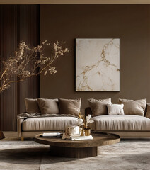 Warm and cozy living room interior with white marble poster frame, mocha mousse color sofa, coffee table and dried branch for home decor. pantone 2025.