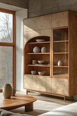Modern wooden display cabinet with glass doors and shelves, showcasing minimalist decor in a contemporary living room.
