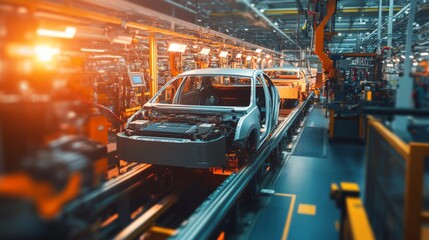 Naklejka premium Automated Car Manufacturing Process in a Modern Factory - A Stunning View of the Assembly Line