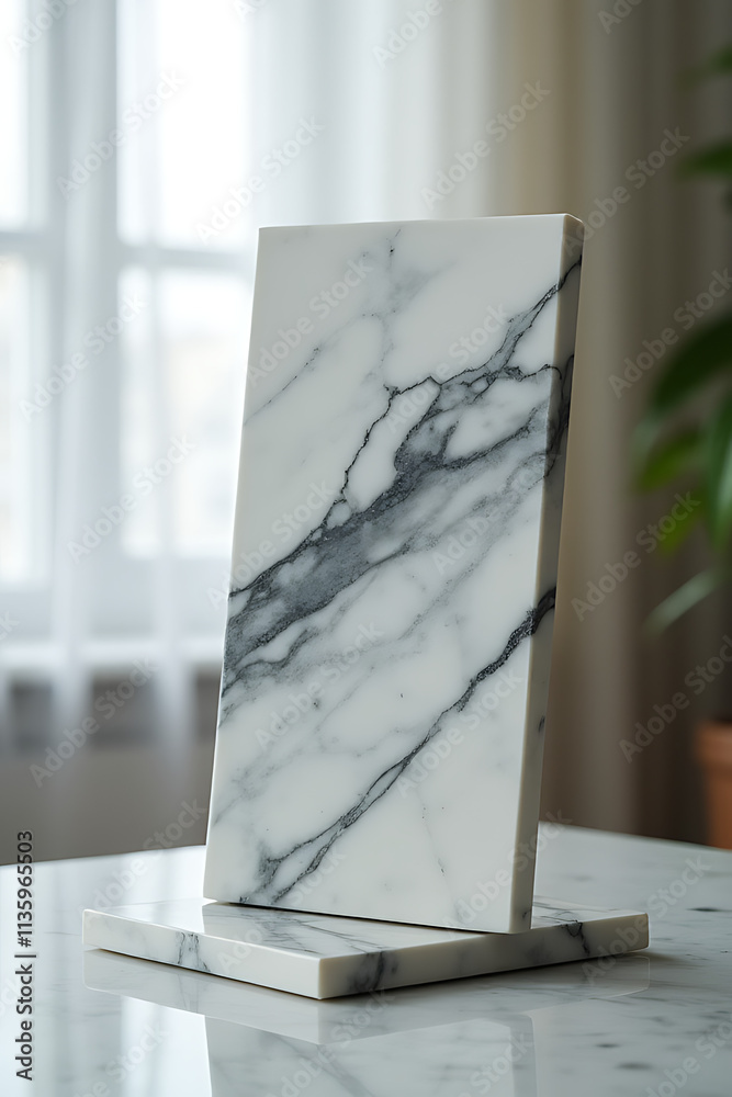 Poster a marble display is shown in a blurred background created by a window curtain._00002_