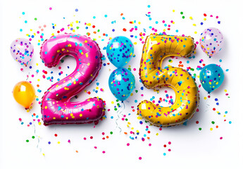 Colorful balloon shaped number 25 with confetti creates festive atmosphere