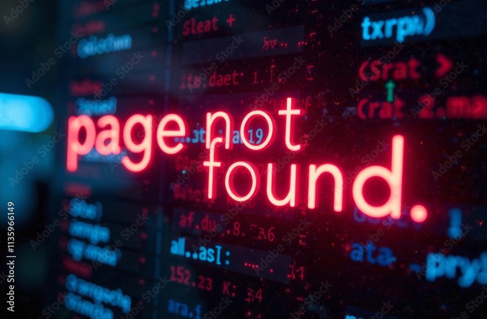 Poster a bright red page not found alert is prominently shown on a dark screen filled with code. this visua