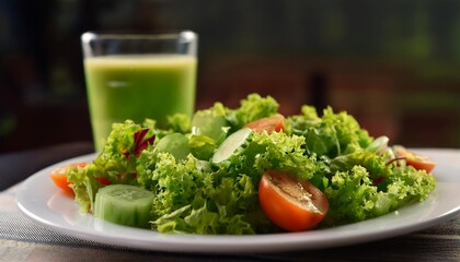 A close-up view of a salad on a white plate, with a glass of green juice in the background.