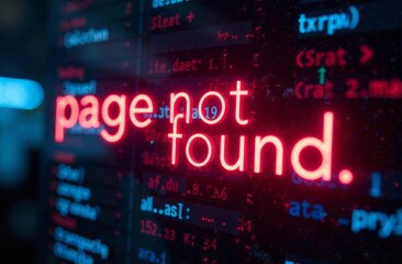 A bright red page not found alert is prominently shown on a dark screen filled with code. This visual represents a common internet error encountered by users, emphasizing digital issues.