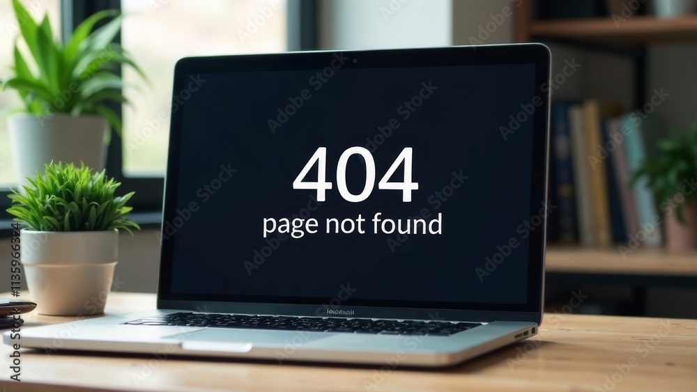 Wall mural a laptop on a wooden desk shows a 404 page not found error. the background features a window with na