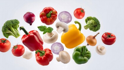 Naklejka premium A collection of colorful bell peppers, tomatoes, mushrooms, and an onion floating against a white background